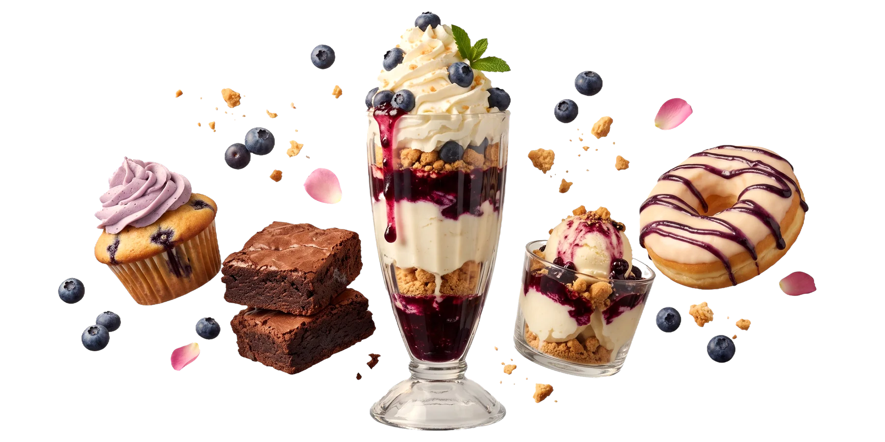 A tall blueberry sundae with whipped cream and fresh blueberries, between a blueberry cupcake, brownies, a small sundae and a blueberry-drizzled donut