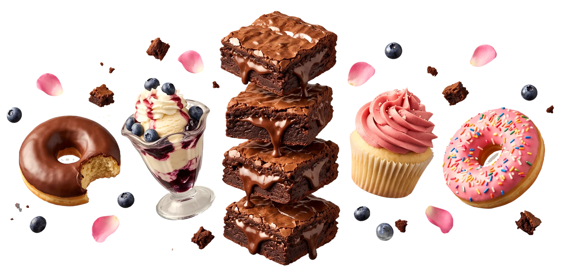 A stack of fudgy brownies between a chocolate donut, a blueberry sundae, a pink-frosted cupcake and a sprinkle donut